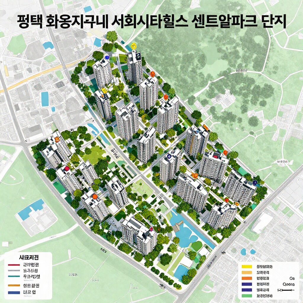 평택 화양지구 내 서희스타힐스 센트럴파크 단지 위치 및 주변 계획 시설 표시된 지도