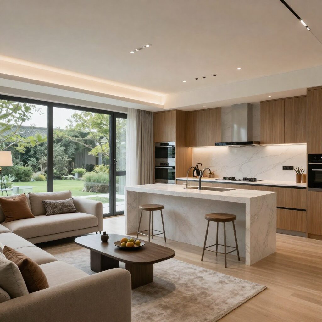 아산 배방 필하우스 리버시티 모델하우스 LDK 거실과 주방 인테리어 사진