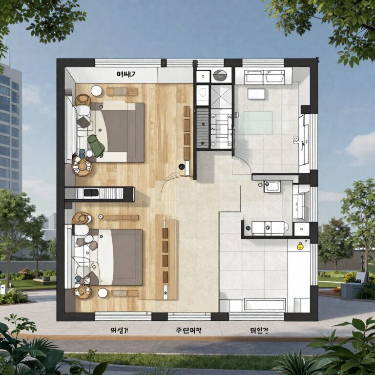e편한세상 센텀 하이베뉴 59A타입 평면도 거실과 주방이 마주보는 구조