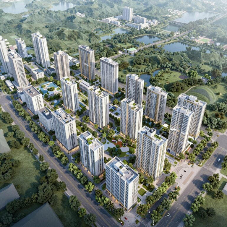 창원자이 더 스카이 단지 조감도와 주변 공원 조망