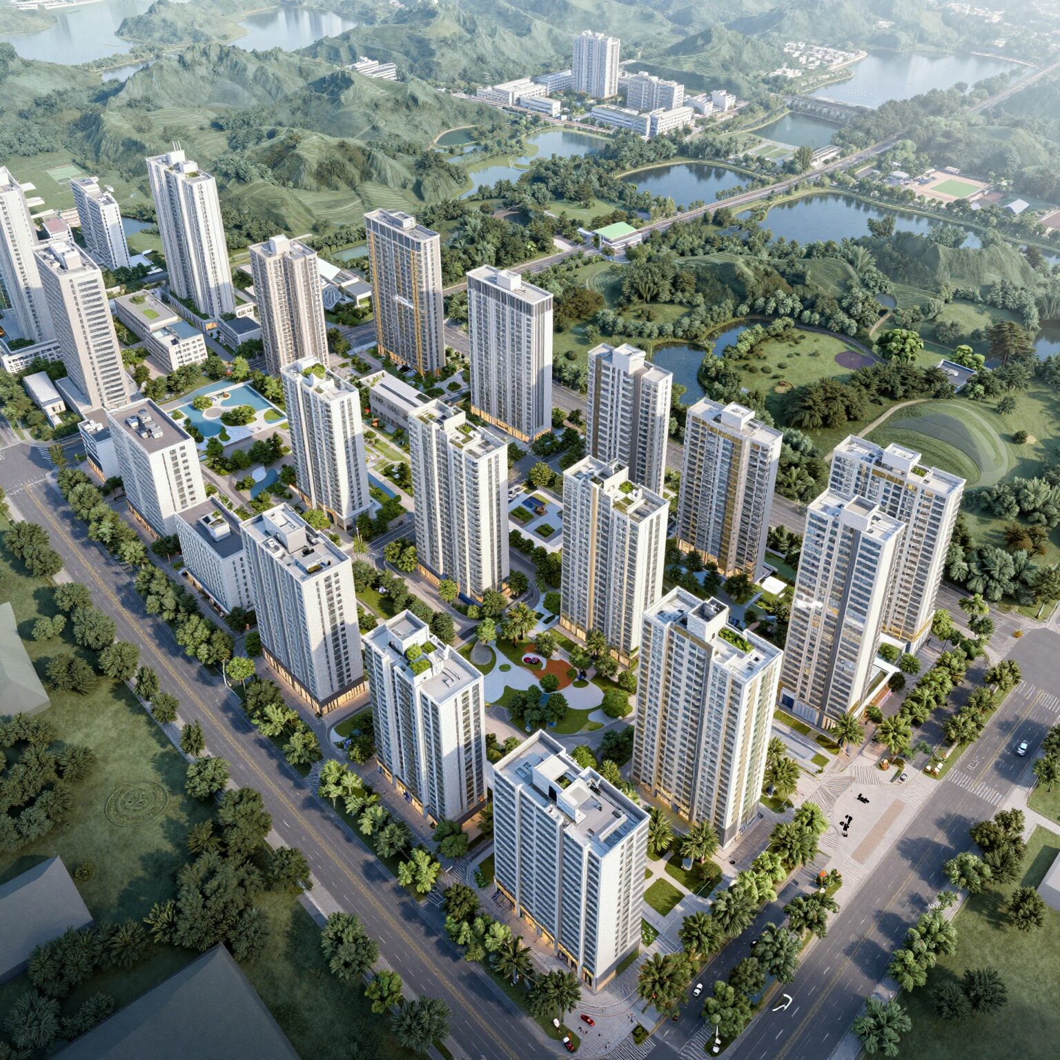 창원자이 더 스카이 단지 조감도와 주변 공원 조망