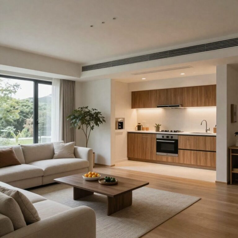 대방역 여의도 더로드캐슬 모델하우스 내부 거실과 주방이 연결된 개방형 공간