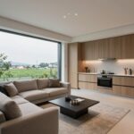 당산역 더클래스 한강 오피스텔 모델하우스 내부 인테리어 사진 거실과 주방이 연결된 모던한 인테리어