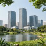 에코델타시티 엘가 로제비앙 외관과 주변 수변 공원 풍경