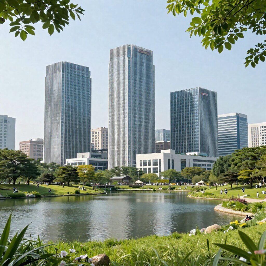 에코델타시티 엘가 로제비앙 외관과 주변 수변 공원 풍경