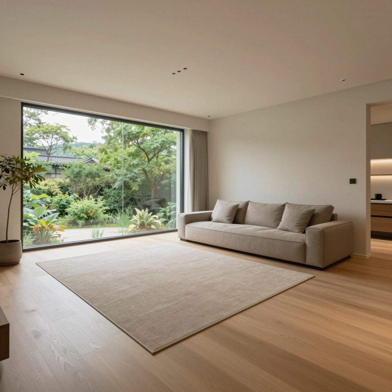 힐스테이트 고덕 센트럴 34평형 거실 인테리어, 유리 파티션과 강마루 바닥