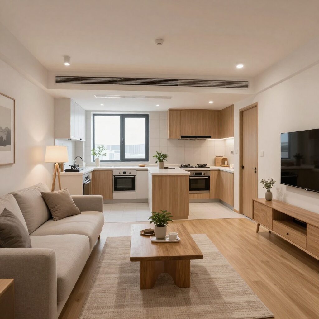 옥천역 금호어울림 더퍼스트 아파트 거실과 주방이 연결된 넓은 실내 공간