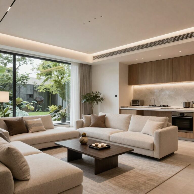 래미안 엘라비네 모델하우스 내부 거실과 주방 인테리어