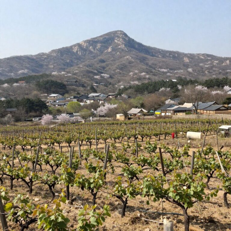 봄날 썬밸리 오드카운티의 전경, 포도밭과 배경의 설악산