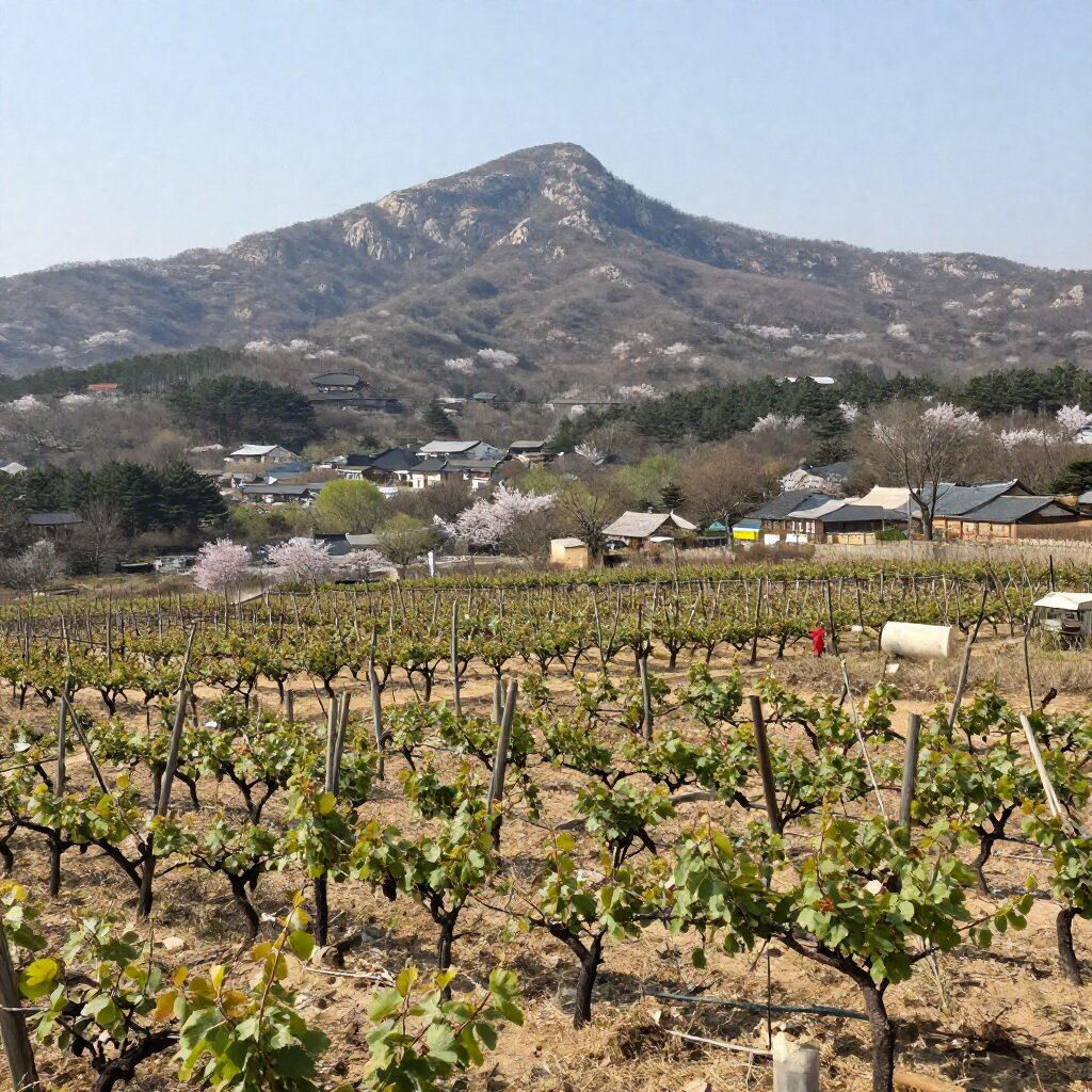 봄날 썬밸리 오드카운티의 전경, 포도밭과 배경의 설악산