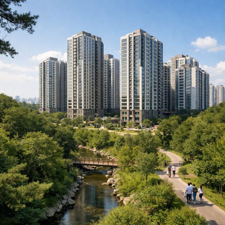 화성 동탄2 아테라 파밀리에 아파트 외관과 주변 숲세권 경관