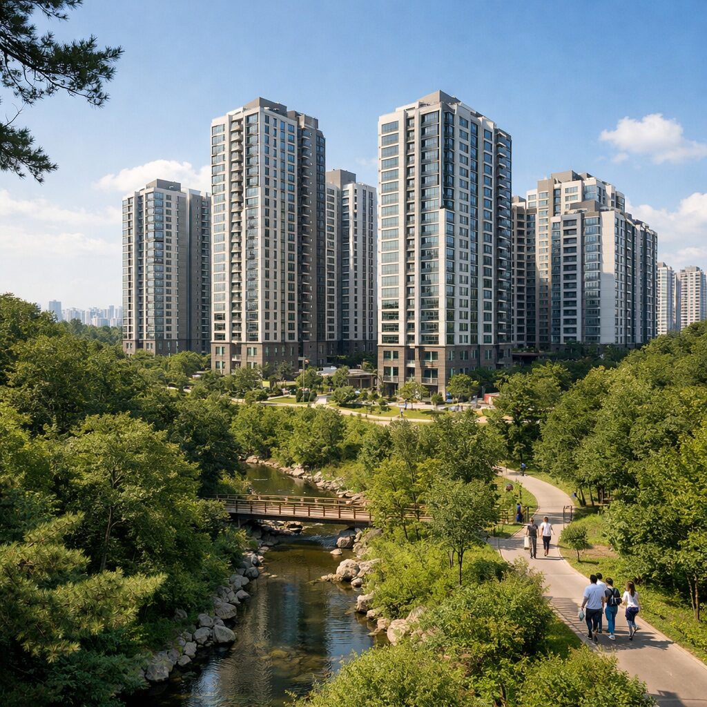 화성 동탄2 아테라 파밀리에 아파트 외관과 주변 숲세권 경관