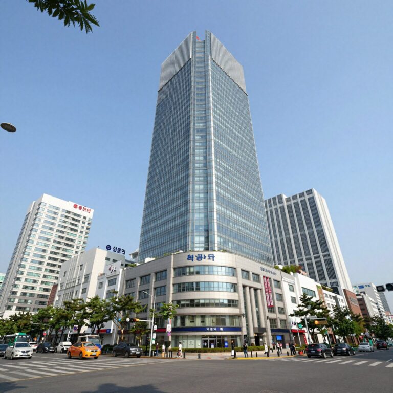 창원자이 더 스카이가 들어서는 중앙동 중심부 전경 사진. 주변에 시청과 백화점, 대형 마트가 보인다.