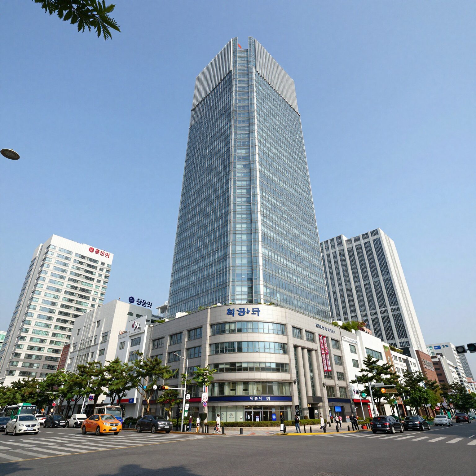 창원자이 더 스카이가 들어서는 중앙동 중심부 전경 사진. 주변에 시청과 백화점, 대형 마트가 보인다.