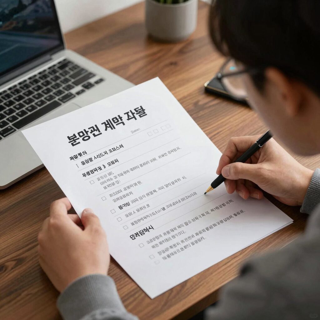 동탄2신도시 오피스텔 분양권 계약 전 체크리스트와 중요한 서류들을 책상 위에 놓고 검토하는 모습