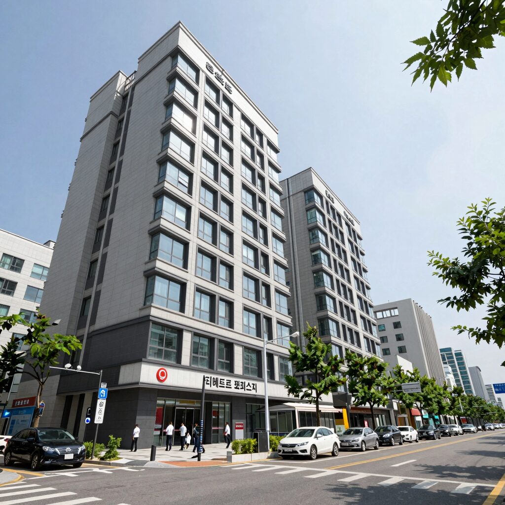 동탄 디에트르 퍼스티지 오피스텔 외관과 주변 동탄역 일대 전경