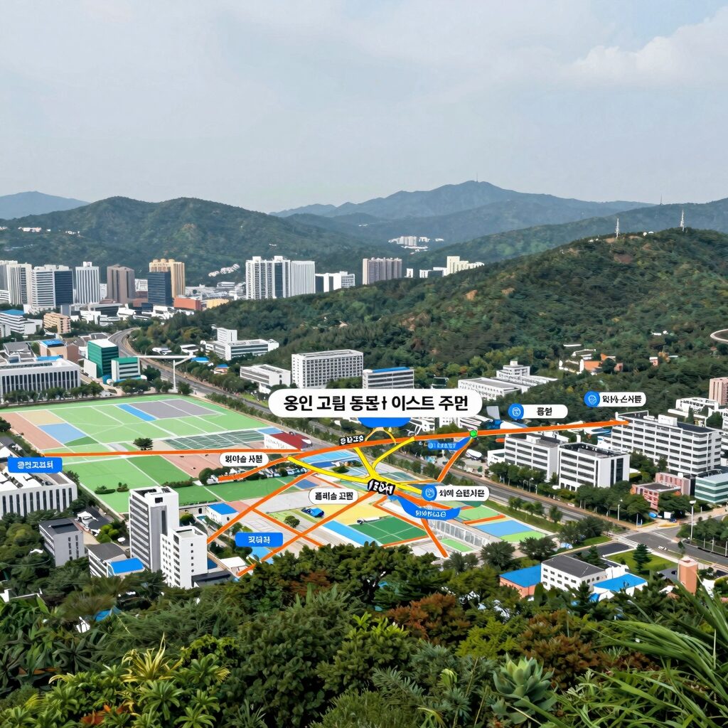 용인 고림 동문 디 이스트 주변 지도와 반도체 클러스터, 학군, 공원 위치 표시