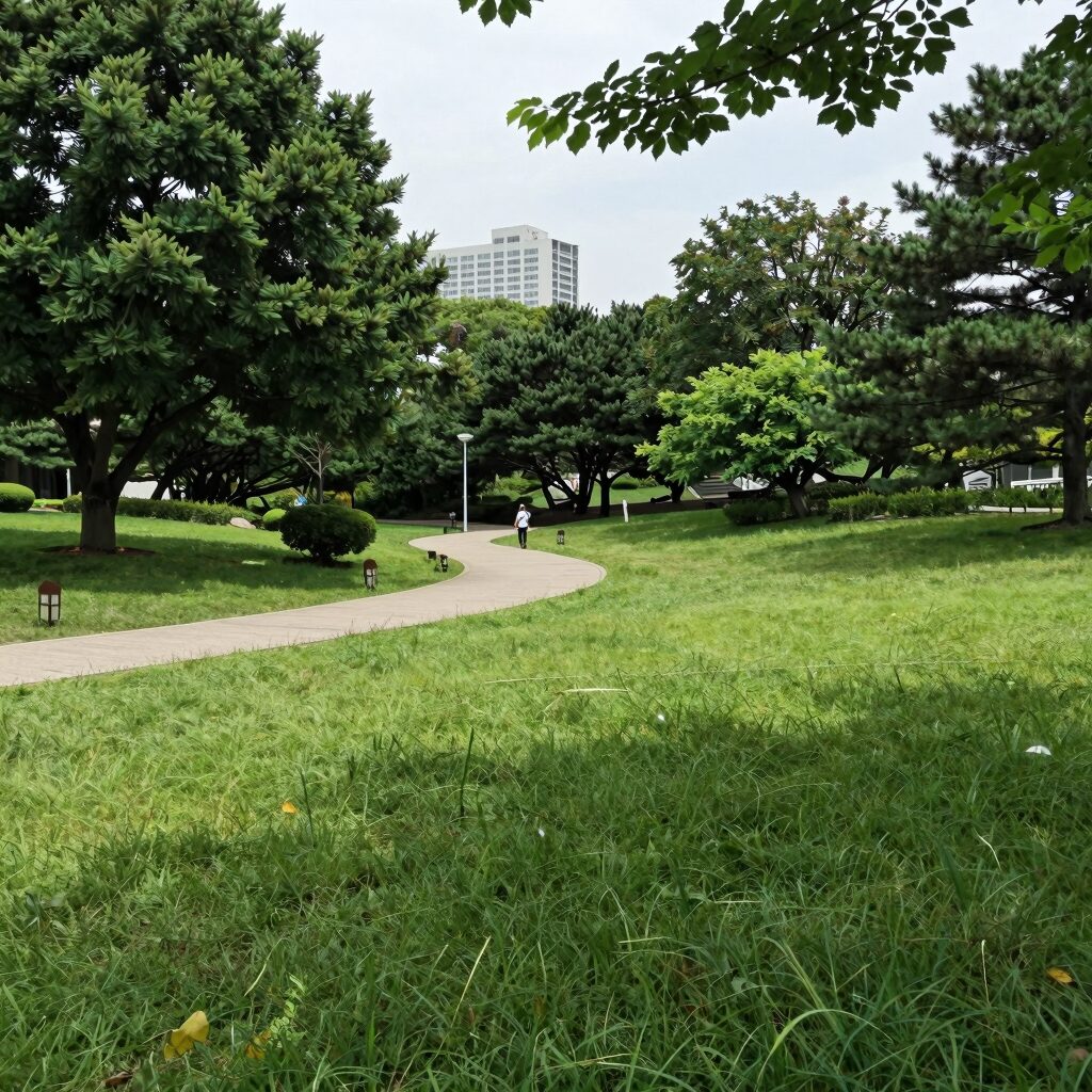 동탄 파크릭스 A51-1블록에서 바라본 동탄 중앙공원 전경, 푸른 잔디와 산책로가 보임