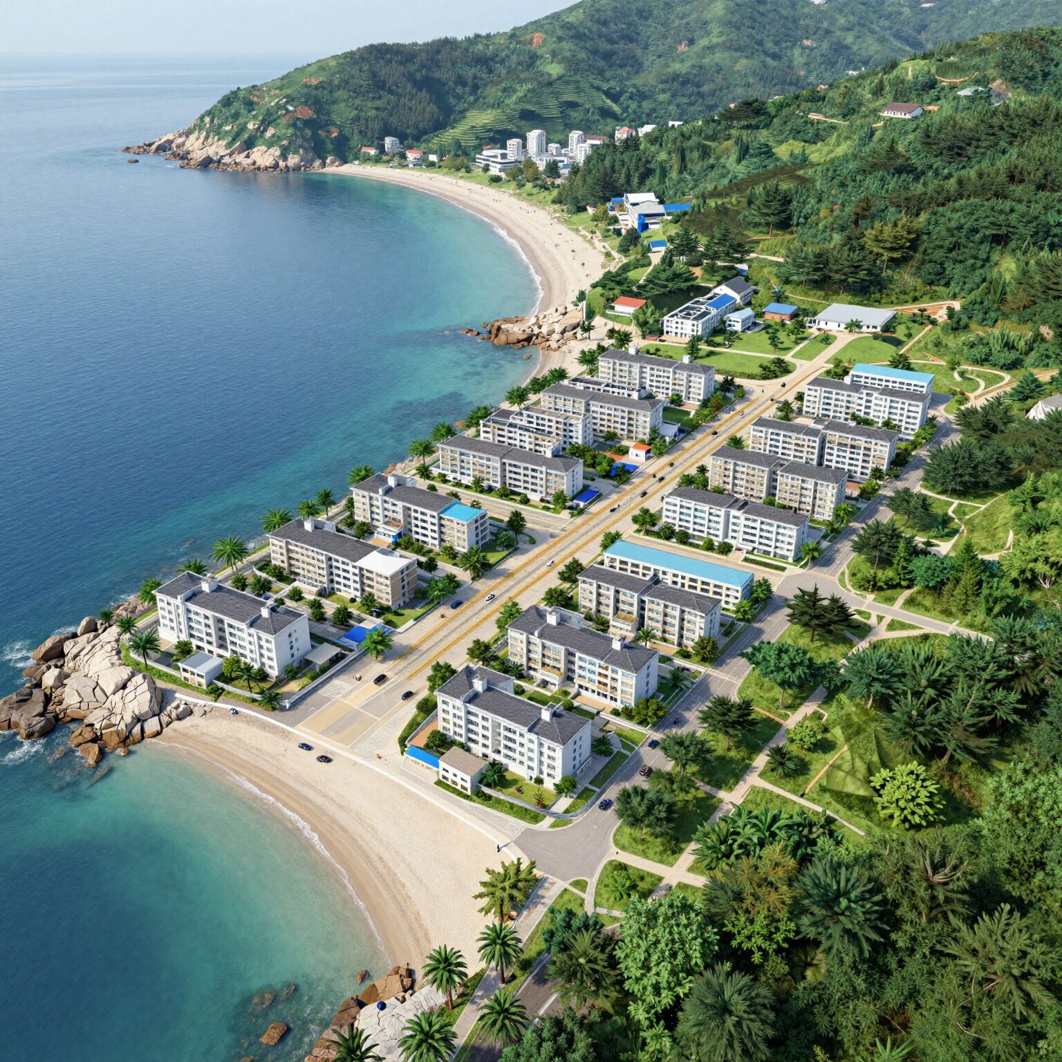 강릉 우미린 더 프리미어 단지 조감도와 주변 송정해변 자연경관