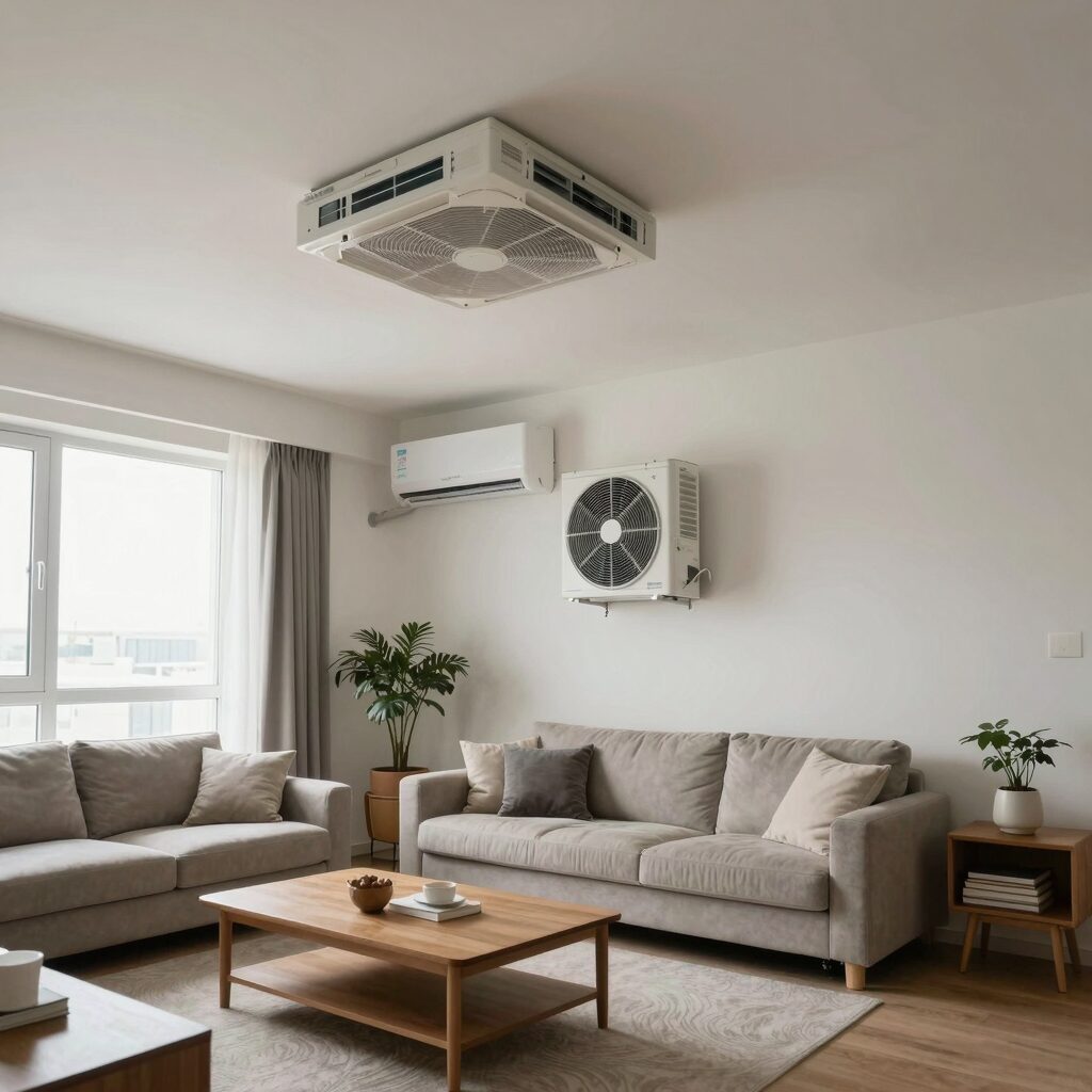동탄 파크릭스 A51-2BL 아파트 거실과 시스템 에어컨 설치된 모습