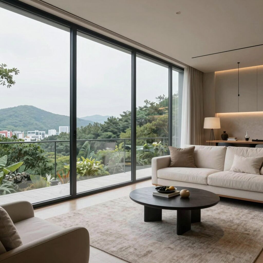 용인 라온프라이빗 아르디에 광폭 테라스에서 바라본 조망과 실내 공간