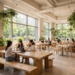 상주자이르네 내부 인테리어, 넓은 창과 나무 테이블이 있는 밝은 카페 공간