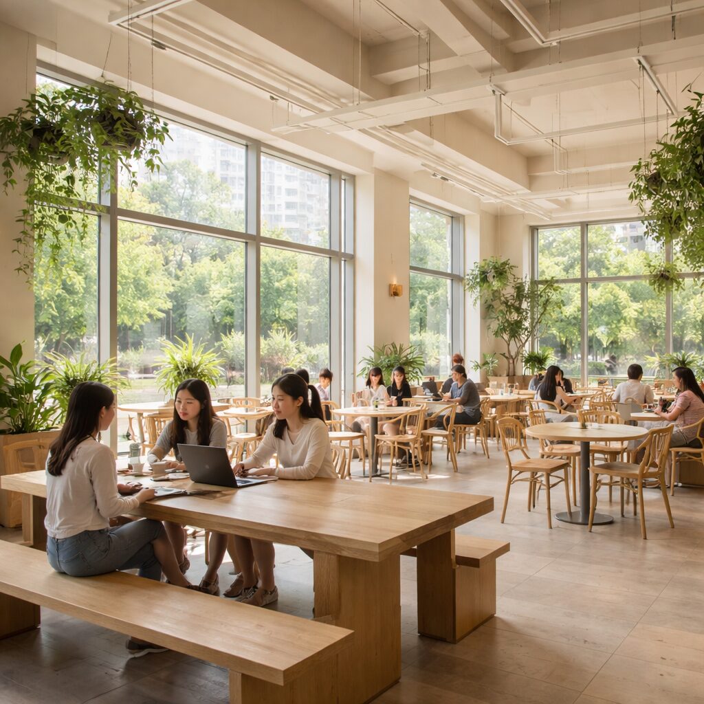 상주자이르네 내부 인테리어, 넓은 창과 나무 테이블이 있는 밝은 카페 공간