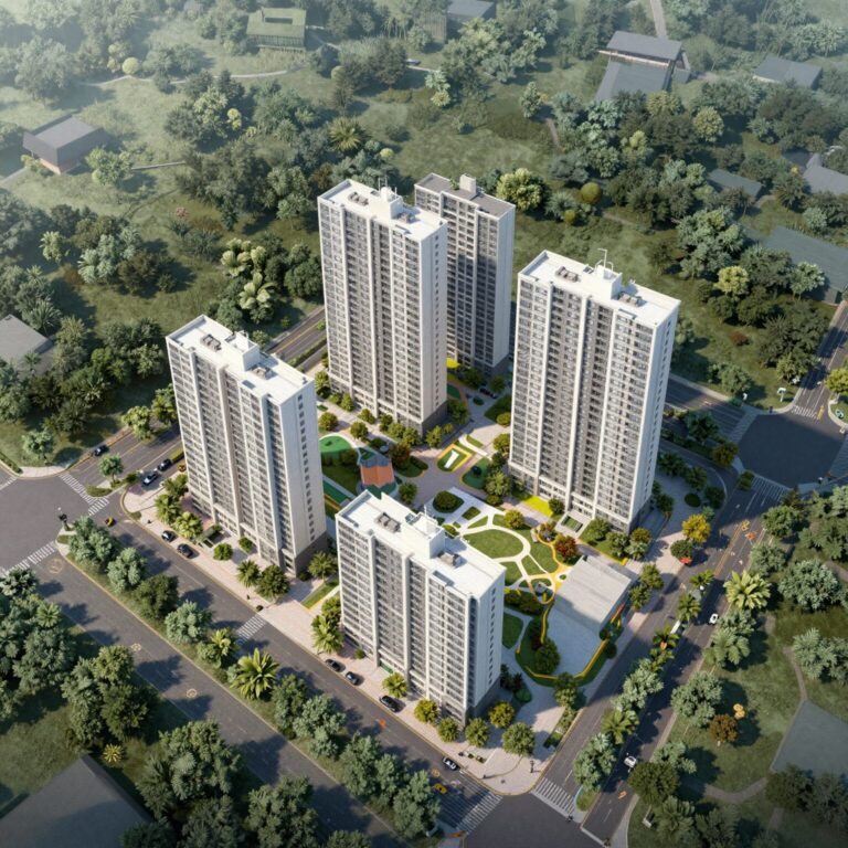 풍무역세권에 위치한 수자인 그라센트 2차 아파트 단지의 조감도와 주변 지도 이미지