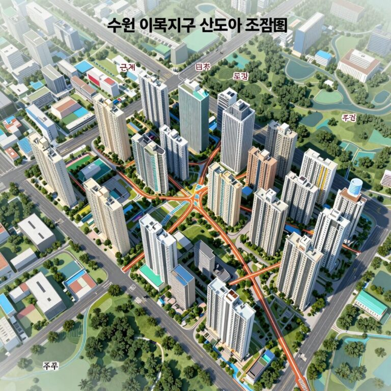 수원 이목지구의 신도시 조감도와 주요 도로망이 표시된 이미지