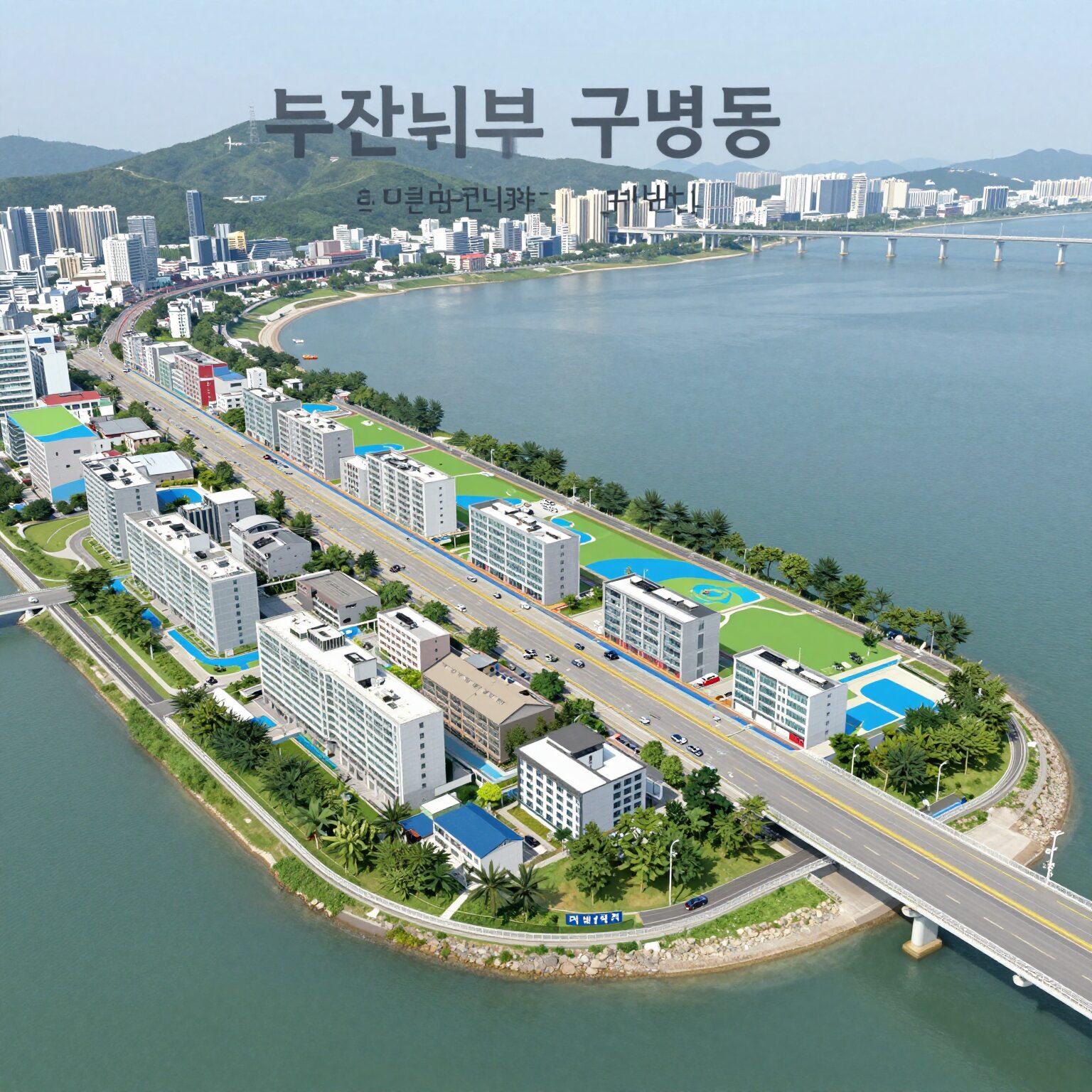 부산 북구 구포동 두산위브 트리니뷰 구명역 아파트 단지 조감도로 지하철 2호선 구명역과 낙동강이 인접한 모습