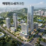 해링턴스퀘어 과천 직주근접 입지와 미래가치 해링턴스퀘어 과천 조감도로 단지 외관과 주변 녹지, 지식정보타운의 미래 모습을 보여줌