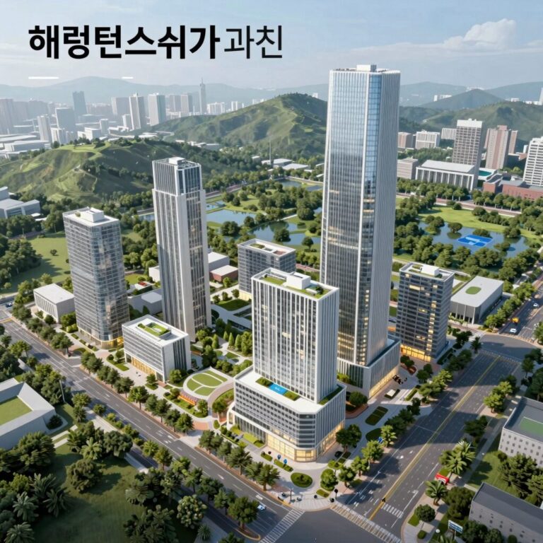 해링턴스퀘어 과천 조감도로 단지 외관과 주변 녹지, 지식정보타운의 미래 모습을 보여줌