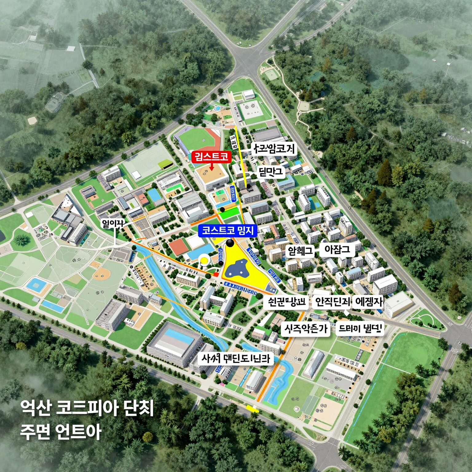 익산 펠리피아 단지 위치와 주변 인프라 지도, 코스트코 예정지, 산업단지, 초등학교 등 표시