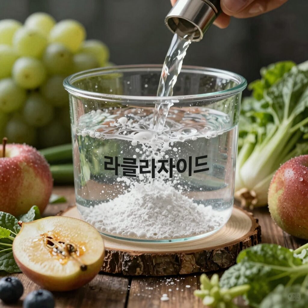 라클라체자이드파인 분말이 물에 녹아있는 모습과 주변에 신선한 과일과 채소가 놓여있는 건강한 장 환경을 상징하는 이미지