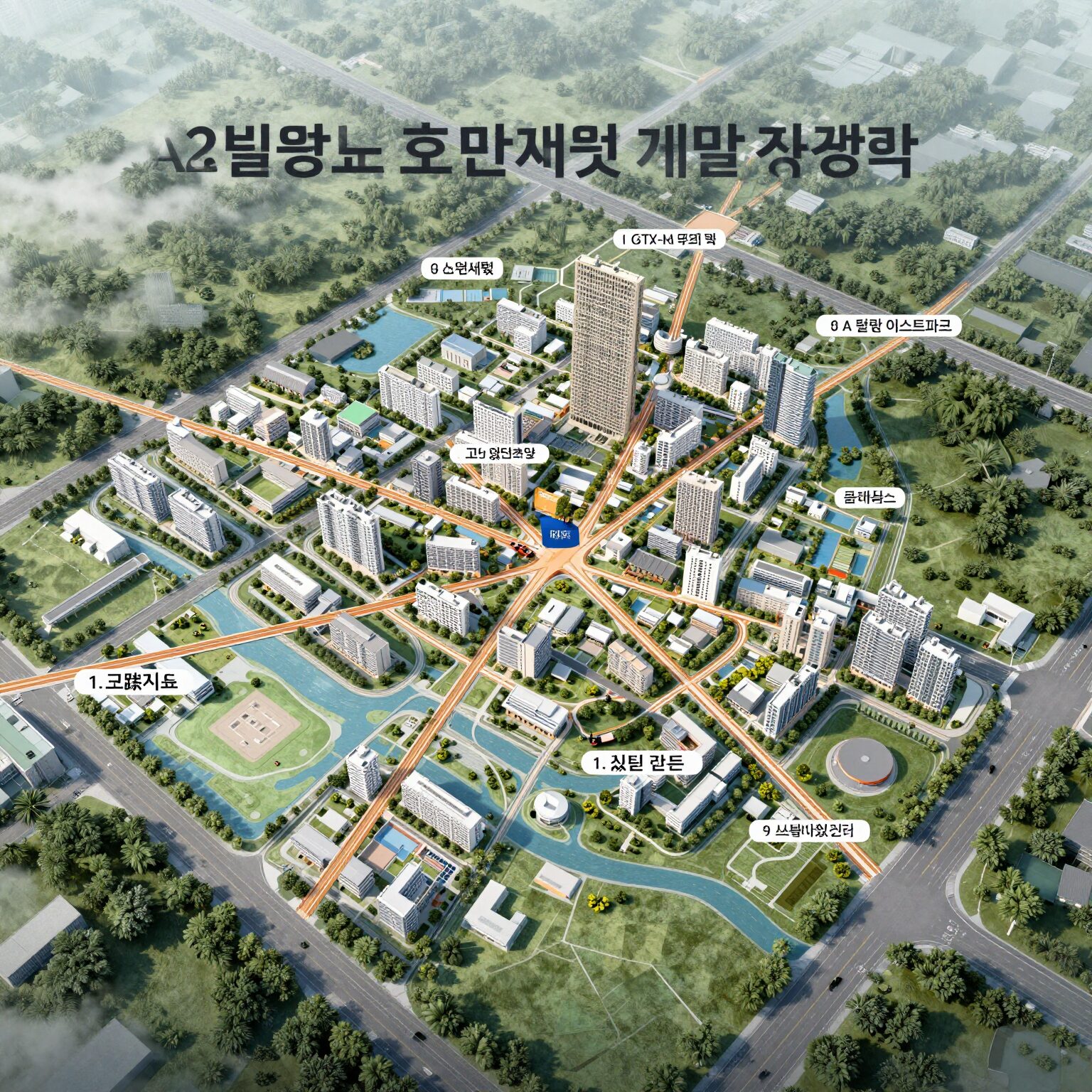 파주 운정신도시 GTX-A 역세권 개발 계획 조감도와 A2블록 호반써밋 이스트파크 연계 교통망 개념도