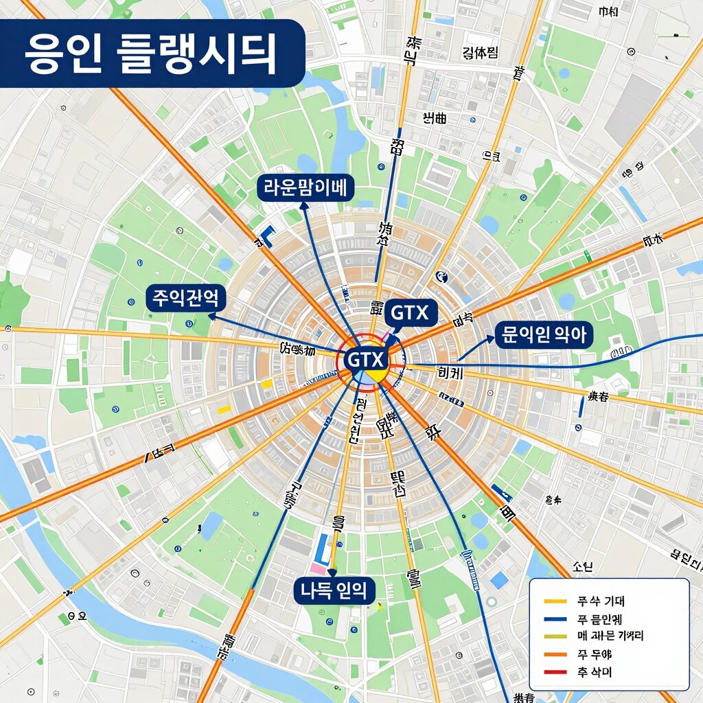 용인 플랫폼시티와 라온프라이빗 아르디에 2차의 입지를 보여주는 지도로 GTX 용인역과 주요 도로망 표시