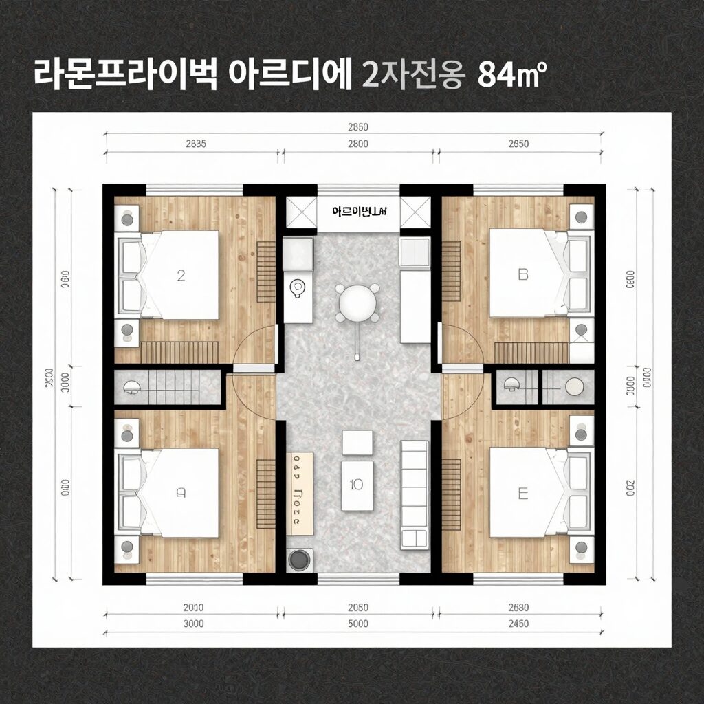 라온프라이빗 아르디에 2차 전용 84㎡ 평면도로 4베이 판상형과 드레스룸 팬트리 위치 표시
