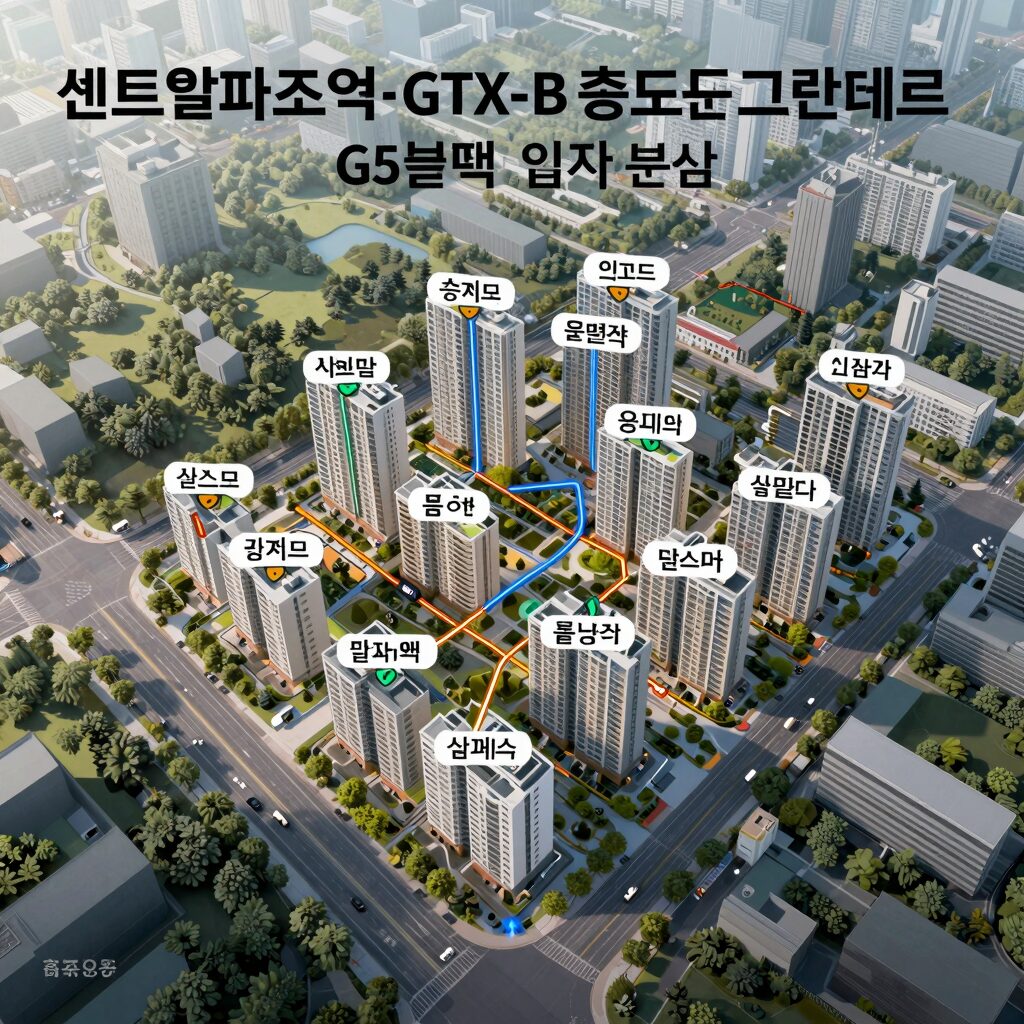 센트럴파크역과 GTX-B 노선을 포함한 더샵 송도그란테르 G5블록 입지 분석 지도