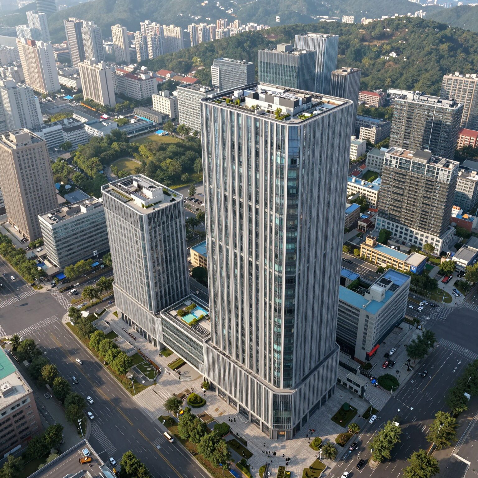 더샵 송도그란테르 G5블록의 전체적인 외관과 주변 단지가 조화를 이루는 항공뷰 사진