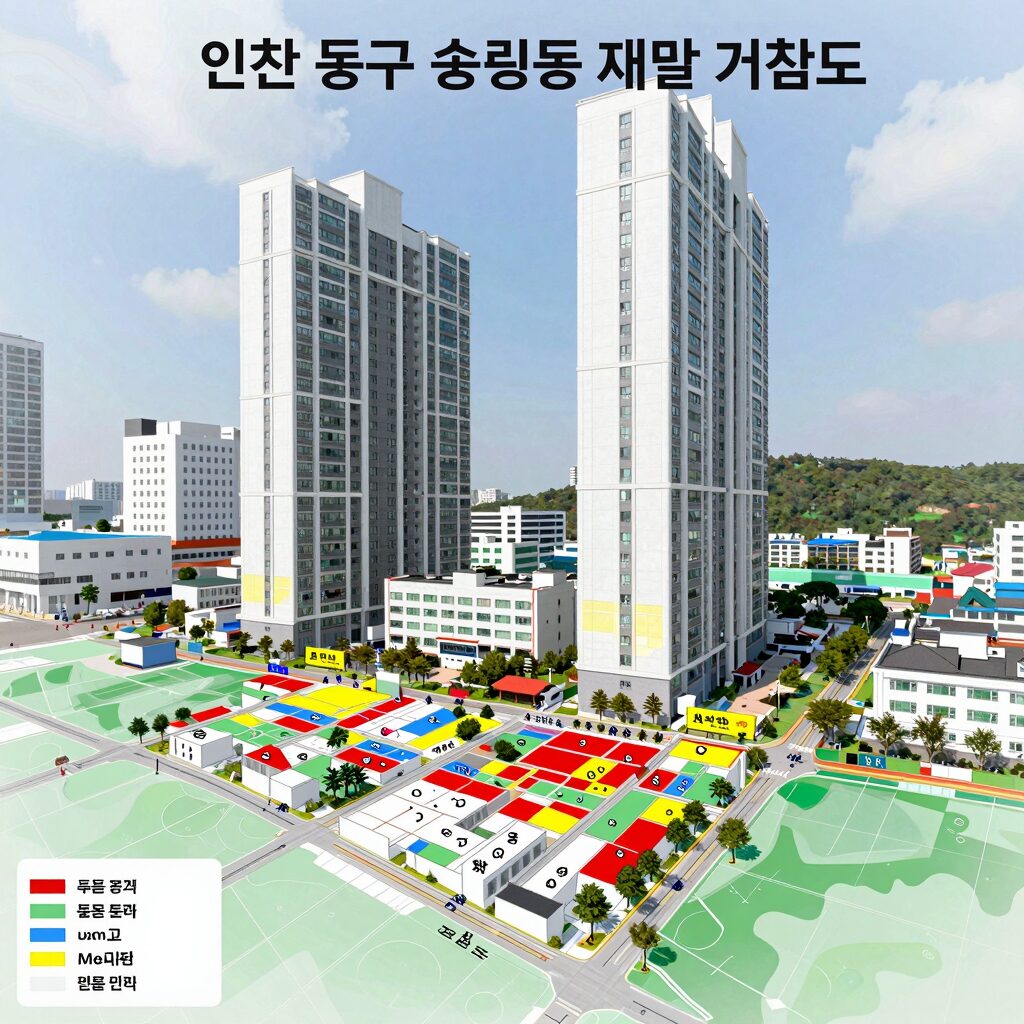인천 동구 송림동 재개발 계획도와 주변 아파트 단지 분포 지도
