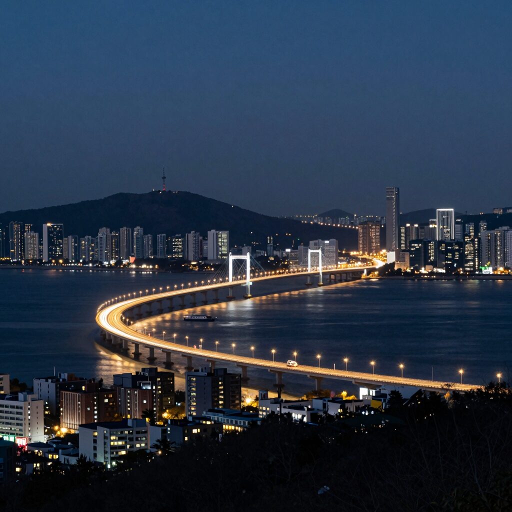 써밋 더힐 야간 조감도로 단지 전체가 조명을 밝히며 한강과 도심이 보이는 입지를 강조한 이미지