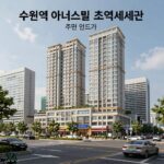 수원역 아너스빌 타임원 초역세권 입지와 주변 인프라를 보여주는 조감도 이미지