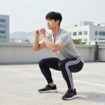 아디다스 에센셜 우븐 7부 트레이닝 반바지를 입고 헬스장에서 스쿼트 동작을 하고 있는 모습