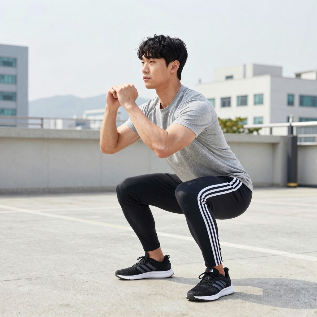 아디다스 에센셜 우븐 7부 트레이닝 반바지를 입고 헬스장에서 스쿼트 동작을 하고 있는 모습