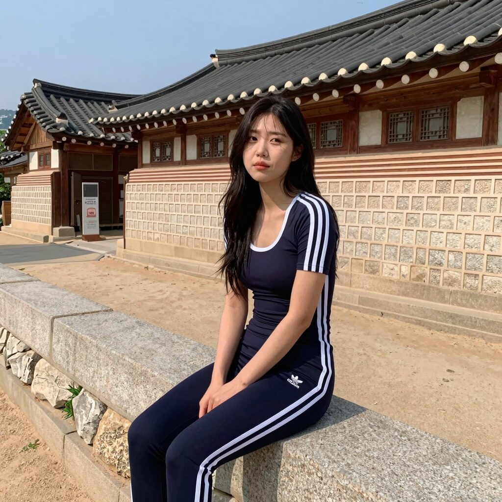 아디다스 스퀘어넥 끈 원피스를 입고 한옥 돌담길에 앉은 안이서의 스트리트 스타일링