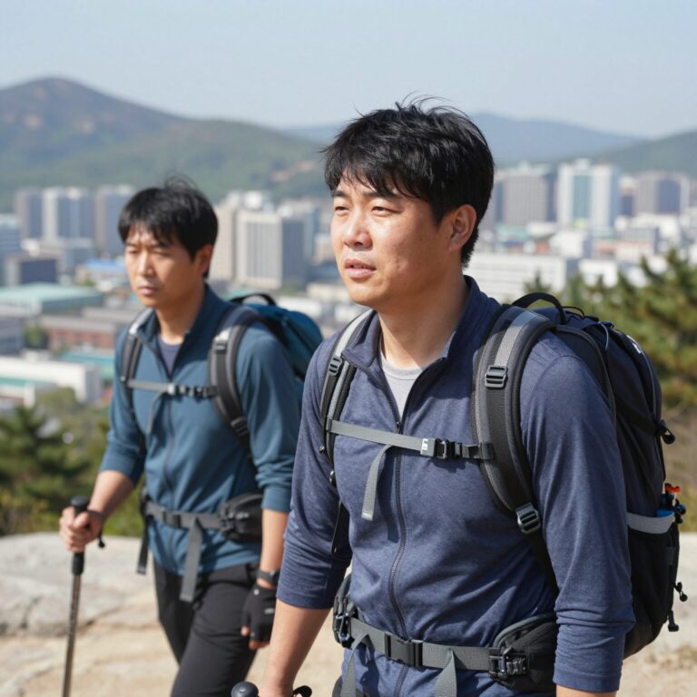 성인 플랩캡을 착용한 등산객이 강한 햇빛 속에서도 얼굴과 목을 보호하고 있는 모습