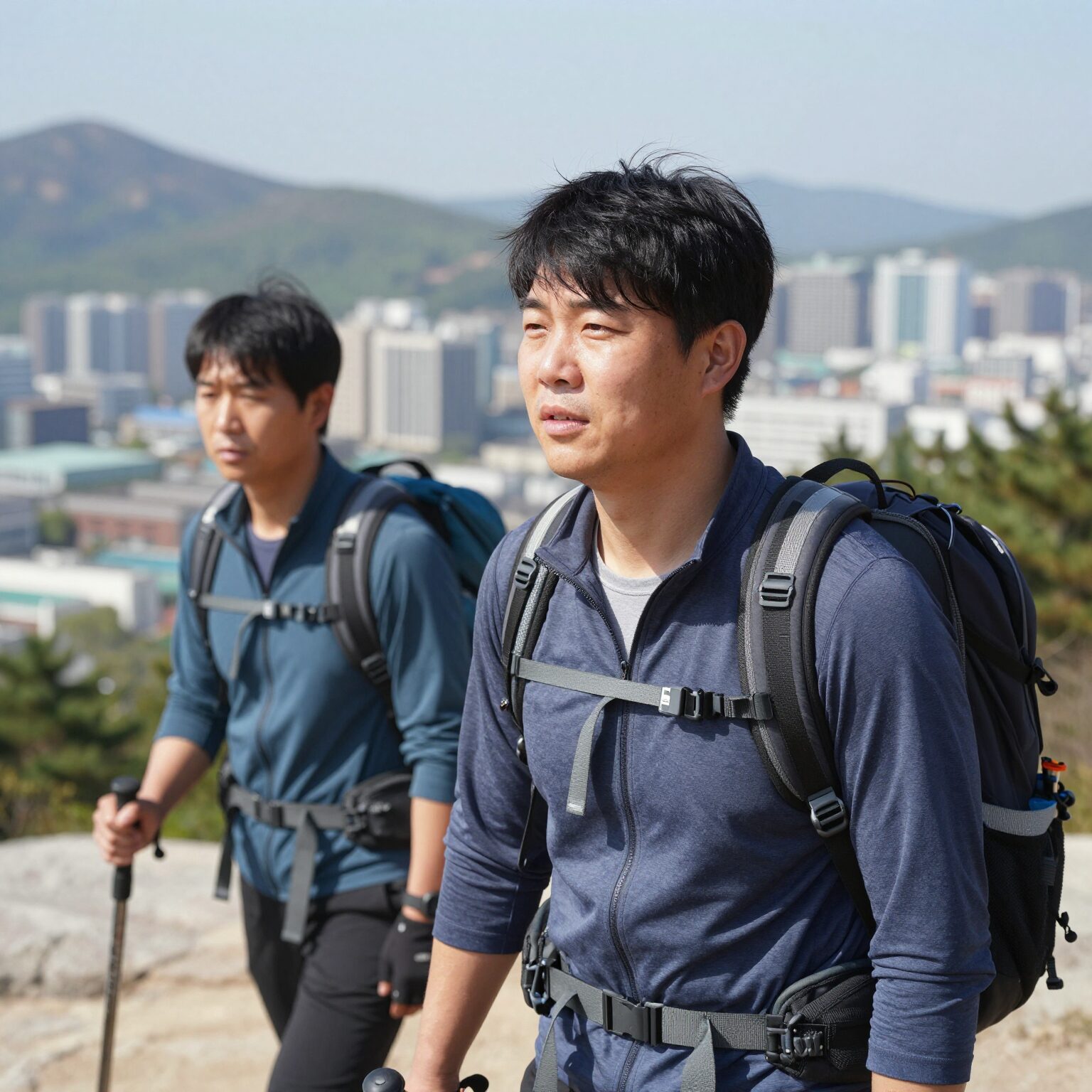 성인 플랩캡을 착용한 등산객이 강한 햇빛 속에서도 얼굴과 목을 보호하고 있는 모습