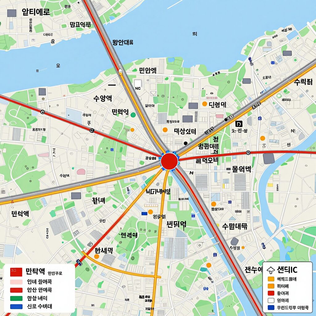 알티에로 광안 주변 교통망 지도로 민락역, 수영역, 광안대교, 센텀IC 등 접근성을 보여주는 이미지