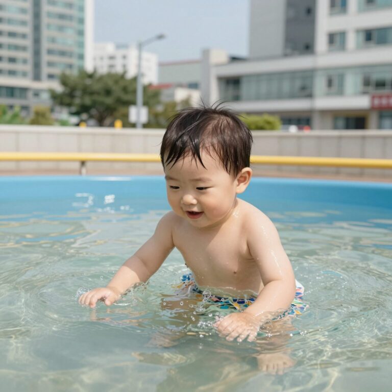 유아 넥튜브를 착용하고 물놀이 하는 아이