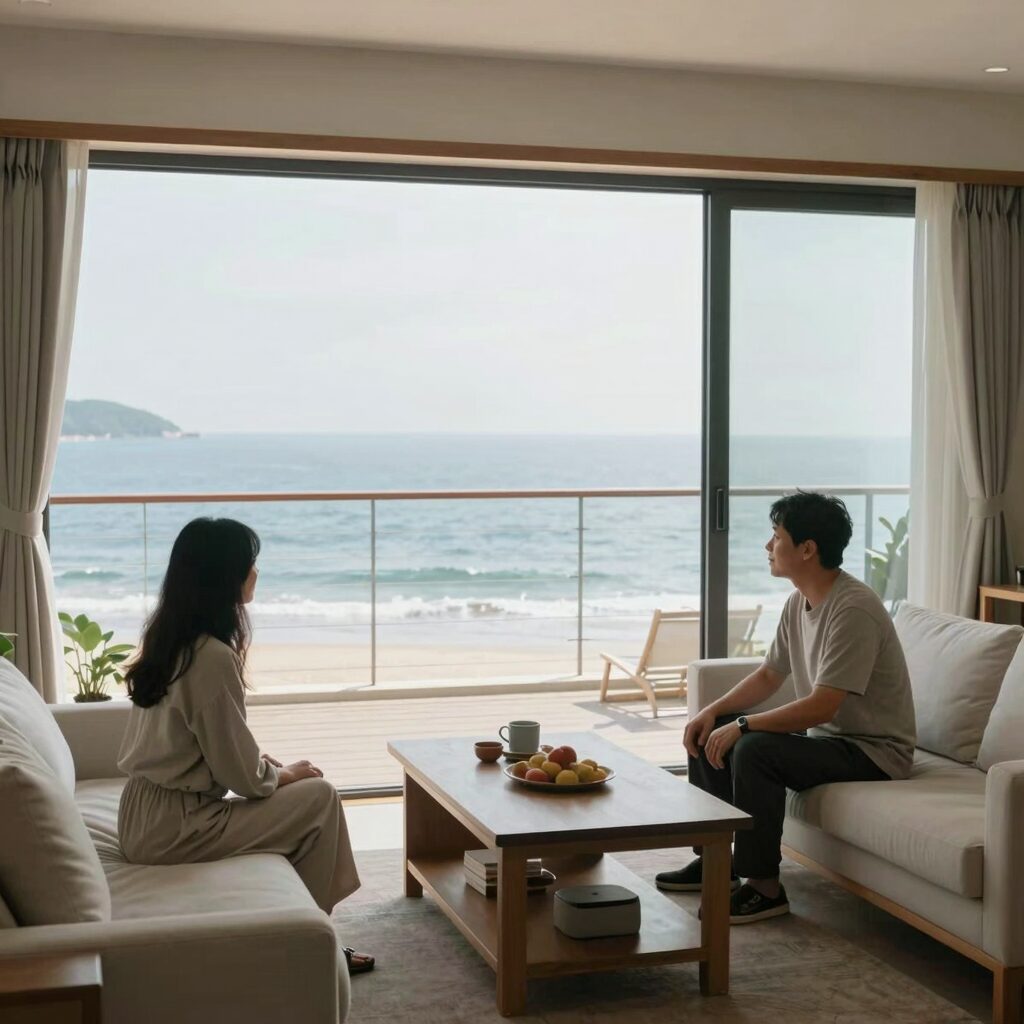 변산반도 펜션 네버엔딩스토리 거실에서 바라본 오션뷰